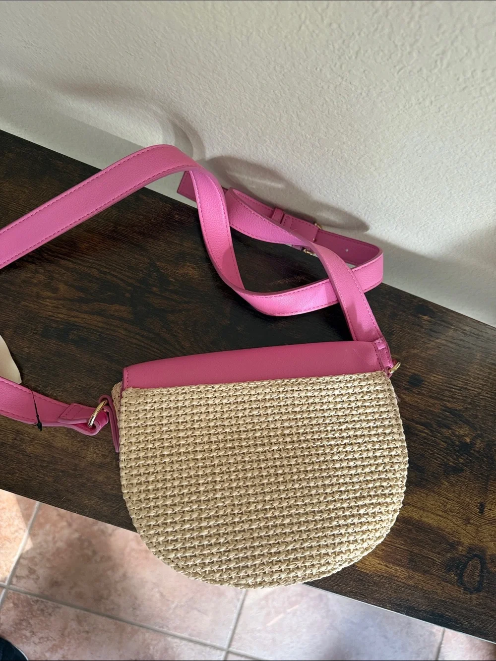 Pink Woven Crossbody Bag with Faux Leather Trim